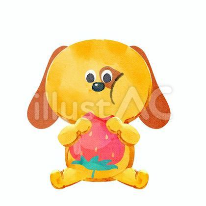 水彩画_いちごをほおばる犬_01