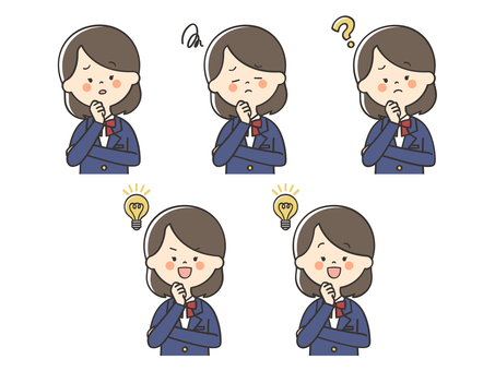 悩みが解決する女子学生のセット 女の子,高校生,中学生,心配,考える,困る,不安,悩む,はてな,迷うのイラスト素材