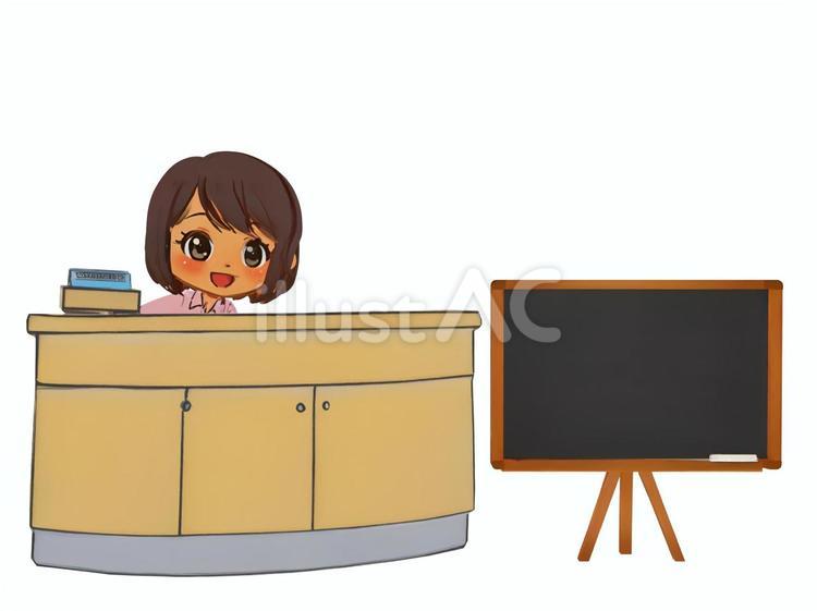 販促黒板と来店客歓迎接客挨拶受付女性社員 受付,黒板,歓迎のイラスト素材