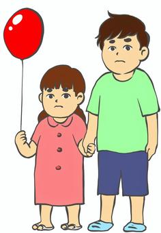 男の子と女の子 男の子と女の子 女の子,男の子,手描き,風船,黄緑,桃色,兄妹のイラスト素材