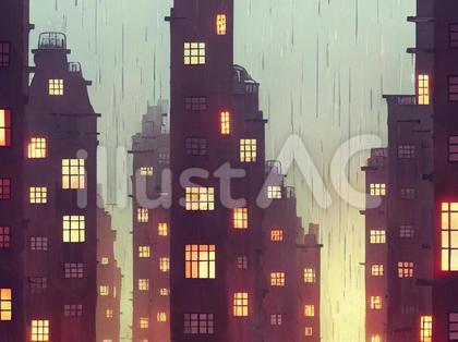 雨のビル群 背景イラスト