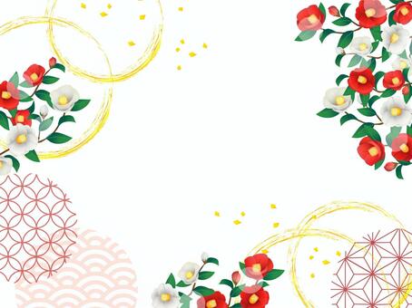 和柄、椿の花のフレーム、背景02 椿,和柄,フレーム,和風,和,背景,水彩,寒椿,花,金のイラスト素材