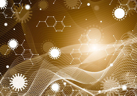 金色の曲線とウイルスと化学構造式の背景 ウイルス,バクテリア,化学,構造式,幾何学,ライン,サイエンス,光,曲線,テクノロジーのイラスト素材