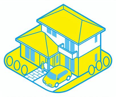 庭と駐車スペースのある住宅2色（CY） 住宅,家,戸建て,二階建て,庭付き,駐車スペース,自家用車,車,不動産,マイホームのイラスト素材
