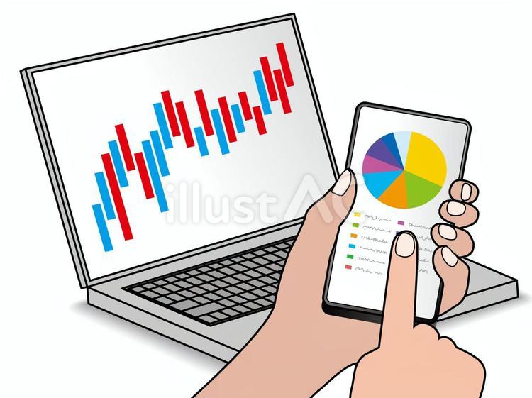 NISA投資_PCとスマホアプリ01 棒グラフ,円グラフ,上昇のイラスト素材