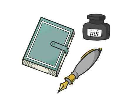 インクと万年筆とダイアリーの文房具セット 万年筆,手描き,ペン,筆記用具,インク,文房具,文具,ステーショナリー,事務用品,文章のイラスト素材