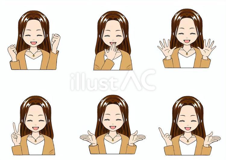 仕草色々-ロングヘア女性-笑顔② 女性,ロングヘア,茶髪のイラスト素材
