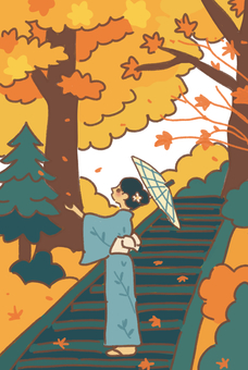 秋の階段で着物女性が紅葉を見上げる 秋の階段で着物女性が紅葉を見上げる 秋,階段,外,観光,おでかけ,紅葉,落ち葉,着物,浴衣,和風のイラスト素材