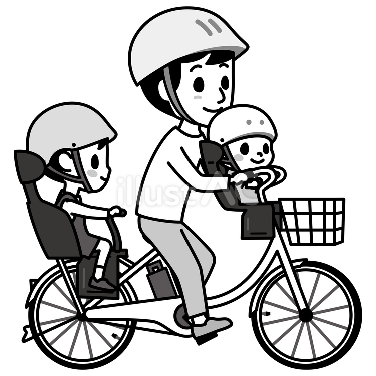 子供乗せ自転車に乗る父子　白黒 自転車,白黒,家族のイラスト素材
