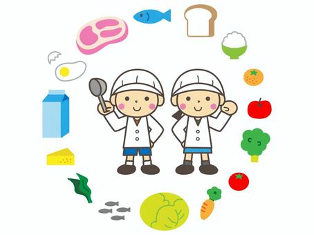 給食当番 給食当番 給食当番,給食,食育,白衣,栄養,食べ物,ミネラル,タンパク質,炭水化物,ビタミンのイラスト素材