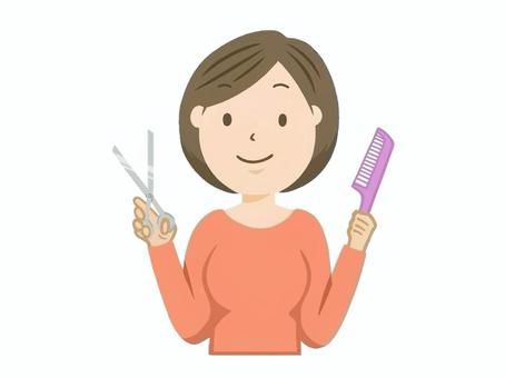 ハサミと櫛を持った女性の美容師 美容師,ヘアーセット,美容室,ヘアカット,散髪,生活,手描き,職業,女性,カットのイラスト素材