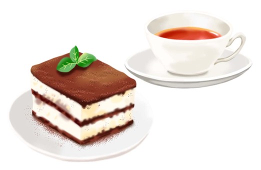ティラミスとシンプルなカップの紅茶 ティラミス,ケーキ,紅茶,食べ物,飲み物,喫茶,カフェ,おやつ,甘い,美味しいのイラスト素材
