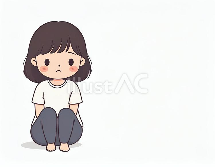 座ってしょんぼりしている女の子 人物,抜き素材,シャツのイラスト素材