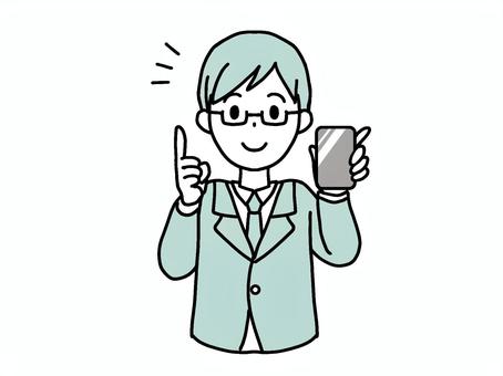 スマホの説明をする人2 男性,スマホ,画面,見せる,持つ,教える,説明,笑顔,提案,片手のイラスト素材