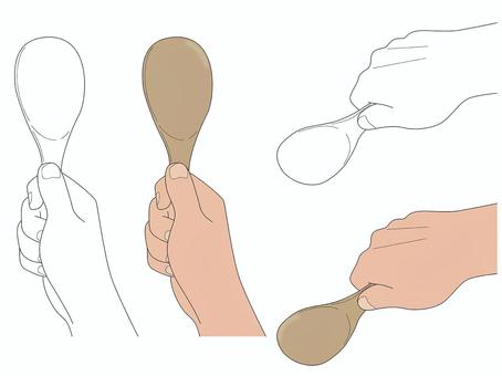 手（しゃもじを持つ） 手,しゃもじ,よそう,動作,線図,カラー,白黒,和食,食事,食器のイラスト素材