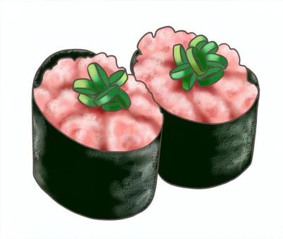 寿司ネタのイラスト　ネギトロ軍艦巻き 寿司,握り,ネギ,トロ,マグロ,海苔,食べ物,料理,献立,メニューのイラスト素材