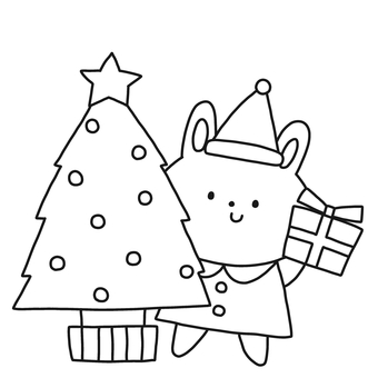 クリスマスツリーとうさぎ クリスマス,ツリー,うさぎ,動物,プレゼント,サンタ,帽子,冬,モノトーン,塗り絵のイラスト素材
