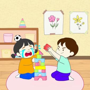 【SSTワーク】おもちゃを奪う子ども 療育,保育,学習,教材,プリント,ソーシャルスキル,sst,絵カード,社会性,幼児のイラスト素材