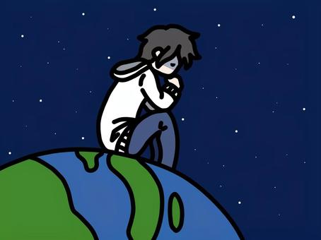 地球上で悩む男性 地球,男性,宇宙,悩む,シンプル,星のイラスト素材