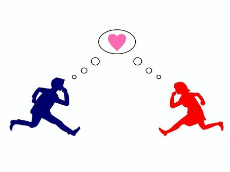 相思相愛の男女 男性,女性,カップル,ハート,恋人,走る,吹き出し,全力,疾走,シルエットのイラスト素材