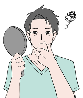しわが気になり鏡を見る男性のイラスト シワ,ほうれい線,目元,口元,手鏡,男性,美容,スキンケア,悩む,困るのイラスト素材