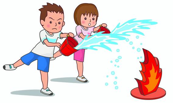 バケツリレーで消火訓練をする子どもたち 消防訓練,バケツリレー,子ども,火の用心,バケツ,消火,火災予防,イラストのイラスト素材