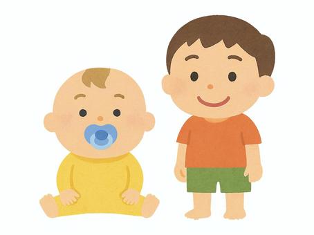 おしゃぶり赤ちゃんとお兄ちゃん 赤ちゃん,お座り,おしゃぶり,兄,兄弟,青,水色,姉妹のイラスト素材