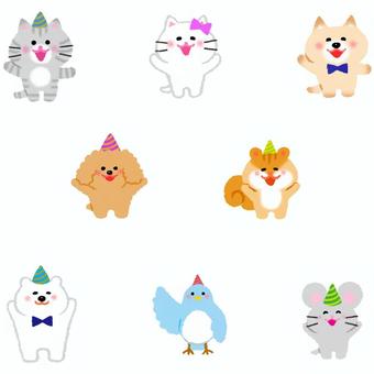 お祝い動物セット 猫,犬,青い鳥,リス,白熊,ねずみ,お祝いのイラスト素材
