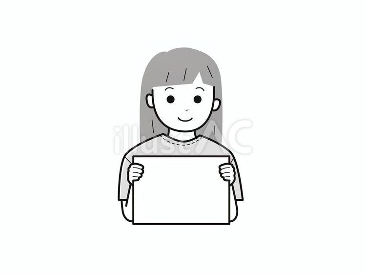 フリップを持ち微笑む女子／白黒 フリップ,両手,微笑むのイラスト素材