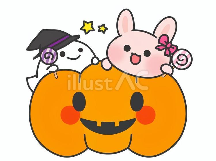 ハロウィンかぼちゃとおばけとゆるうさぎ ゆるい,かわいい,うさぎのイラスト素材