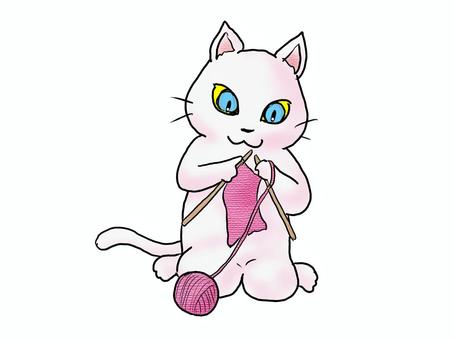 編み物をするネコ 動物,ネコ,白猫,かわいい,編み物,編み棒,毛糸,全身,手書き,しっぽのイラスト素材