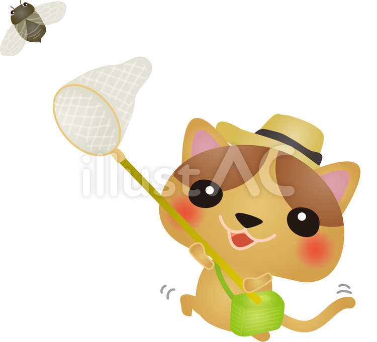 cat218 猫,せみとり,昆虫採集のイラスト素材