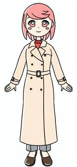 桃色の女の子のトレンチコート ピンク,手描き,冬,ピンク髪,女の子,女性,キャラクター,全身,冬服,トレンチコートのイラスト素材