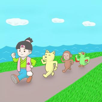 桃太郎一行 桃太郎,いぬ,さる,キジ,男性,動物のイラスト素材