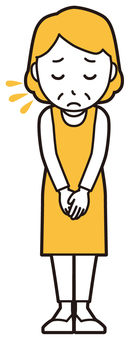  エプロンおばちゃん(黄)-030-全身 おじぎ,おばちゃん,エプロン,お母さん,ママ,中年,おばさん,主婦,人物,かわいいのイラスト素材