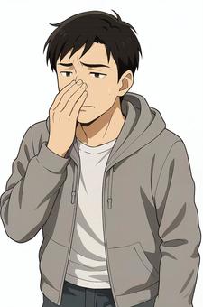 花粉症に悩む男性 男性,20代,若者,パーカー,白シャツ,私服,カジュアル,上半身,胸から上,困った表情のイラスト素材
