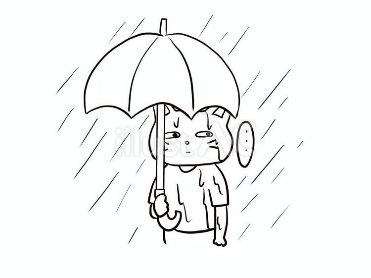 傘をさしているけど濡れた猫のイラスト白黒 猫,傘,雨のイラスト素材