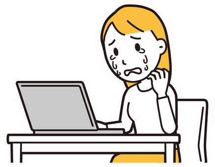 ノートパソコンを見ながら泣く若い女性 パソコン,女性,女の子,人,ロングヘア,若い,操作,使う,見る,泣くのイラスト素材