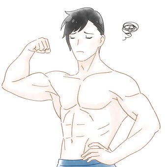 筋肉ムキムキの男性　水彩風イラスト 男性,男子,黒髪,困る,悩む,問題,失敗,筋肉,筋トレ,ムキムキのイラスト素材
