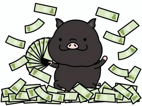 黒ブタさん ばら撒き 黒豚,豚,札,ばら撒き,羽振りがいい,ボーナス,動物,キャラクター,哺乳類,金のイラスト素材
