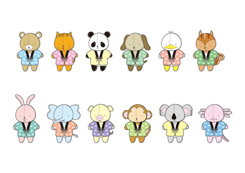 ちびぬいはんてん 冬,はんてん,カラフル,ぬいぐるみ,動物,くま,ねこ,パンダ,いぬ,アヒルのイラスト素材