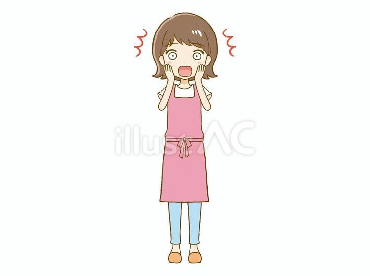 驚いた表情をするエプロン姿の女性 驚く,表情,びっくりのイラスト素材