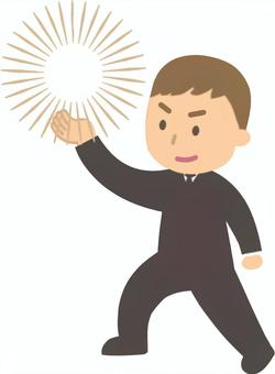何かを召喚したスーツ男性（光あり） 召喚,取り出す,生み出す,持つ,かざす,頭上,全身,スーツ,男性,会社員のイラスト素材