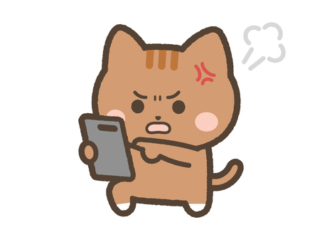 スマホの画面を見て怒るねこ（茶トラ） ねこ,スマホ,怒る,激怒,携帯,スマートフォン,日常,表情,かわいい,ゆるいのイラスト素材