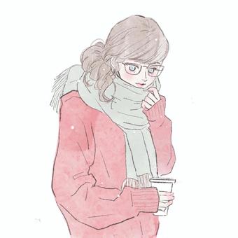 コーヒーを持つ女性(メガネ・ピンク) 女性,女の子,きれい,可愛い,大人女子,大人可愛い,コーヒー,ニット,ロングセーター,ロングニットのイラスト素材