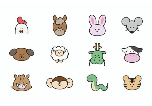 手描きの干支イラストセット 子,丑,寅,卯,辰,未,午,巳,酉,いのししのイラスト素材
