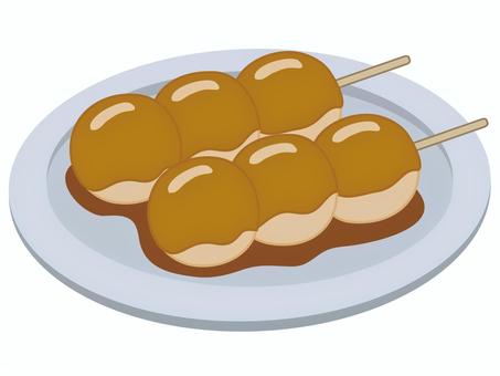 グレーの皿に載ったみたらし団子　白背景 みたらし団子,みたらし,串団子,団子,餅,串刺し,和菓子,白背景,タレ,もちもちのイラスト素材