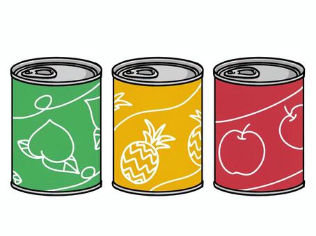食品缶3 缶詰,缶入り,フルーツ,桃,パイナップル,りんご,カン,金属,密封,保存食のイラスト素材