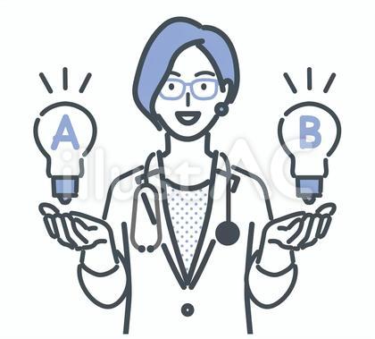 A案B案の電球を提示する女性医師