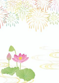 花火とハスの和風背景 1 花火とハスの和風背景 1 花火,打ち上げ花火,ハス,蓮,花,夏,夜空,花火大会,祭り,夏休みのイラスト素材
